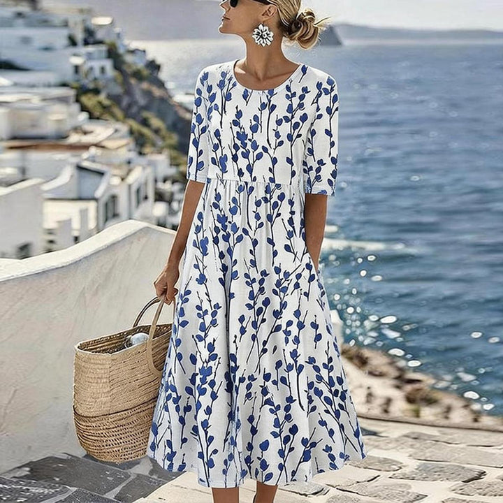 Jennifer - Coastal Blue Botanical Print Midi Dress
