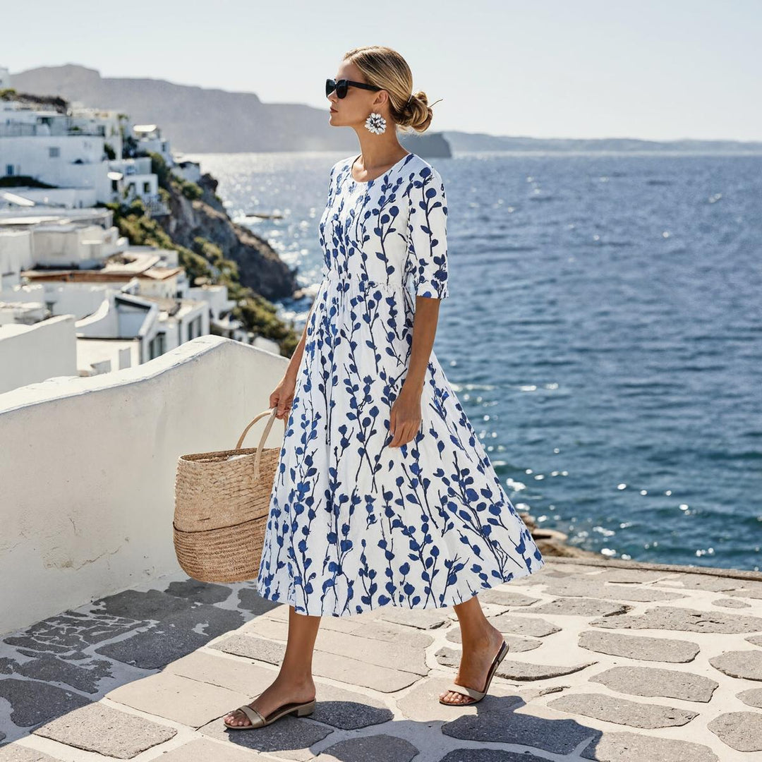Jennifer - Coastal Blue Botanical Print Midi Dress