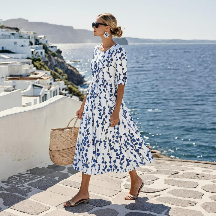 Jennifer - Coastal Blue Botanical Print Midi Dress