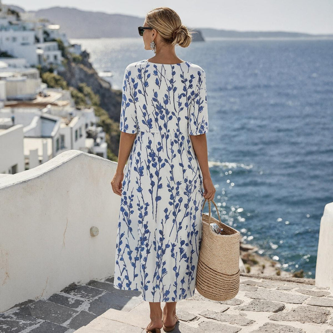 Jennifer - Coastal Blue Botanical Print Midi Dress
