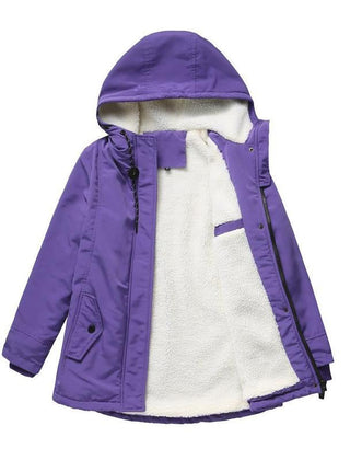 Thick winter coat with hood, violet outer shell, sherpa-lined front with zipper
