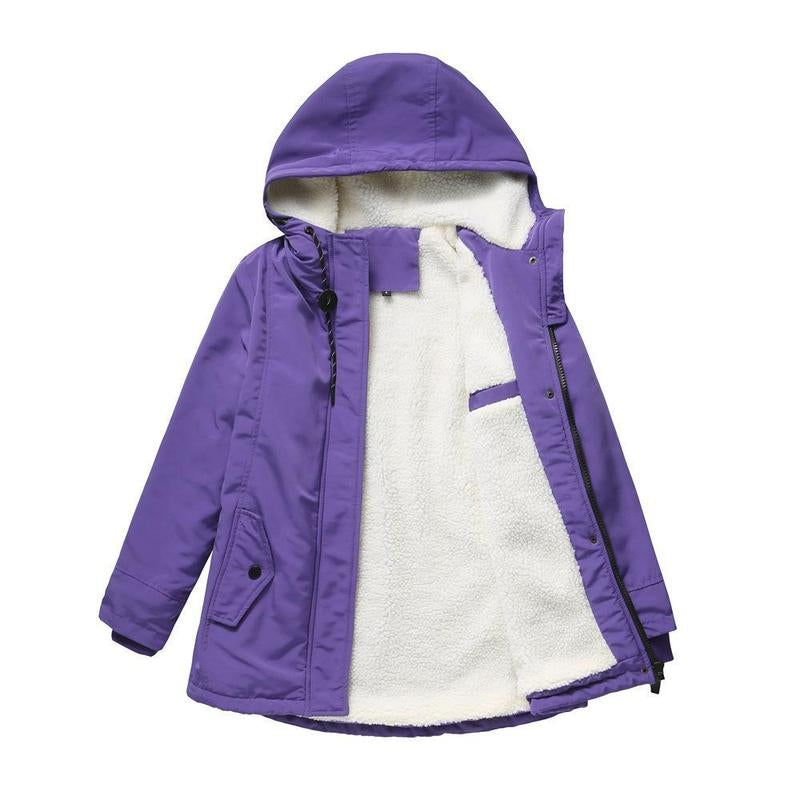 Thick winter coat with hood, violet outer shell, sherpa-lined front with zipper