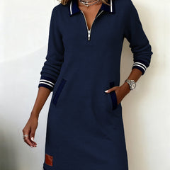 Navy casual long-sleeve dress with quarter-zip, contrast collar, striped cuffs, side pockets