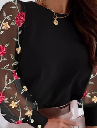 Glamorous mesh sleeve top in black with floral-embroidered sheer sleeves and button cuffs