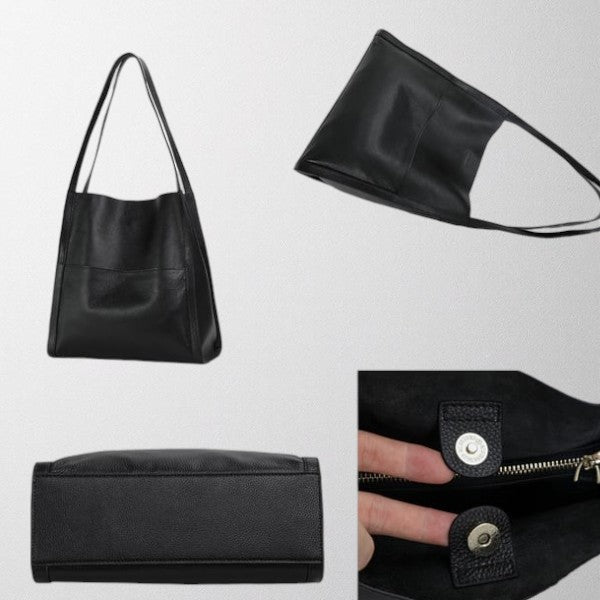 Black vegan leather shoulder bag interior view with snap buttons and zip pocket