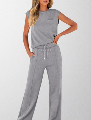 Heather gray sleeveless lounge co-ord set with pocket top and drawstring wide-leg pants