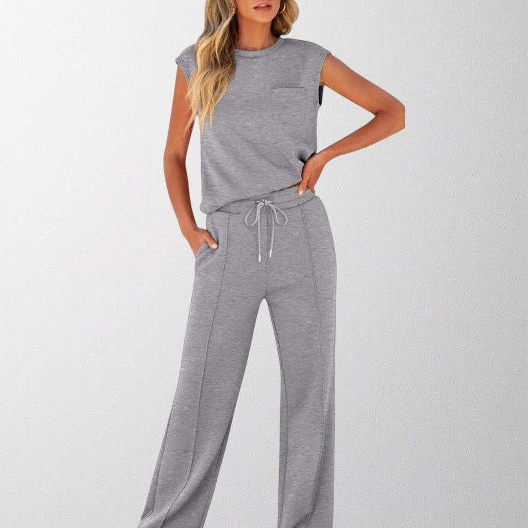 Heather gray sleeveless lounge co-ord set with pocket top and drawstring wide-leg pants