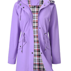 Women’s 3-in-1 jacket in lavender, hooded outer layer with plaid inner lining.