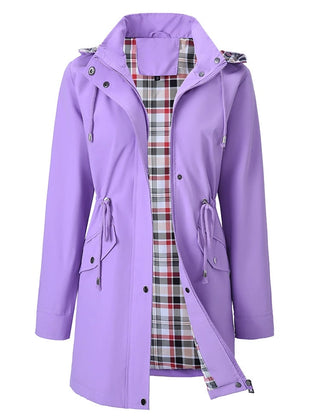 Women’s 3-in-1 jacket in lavender, hooded outer layer with plaid inner lining.