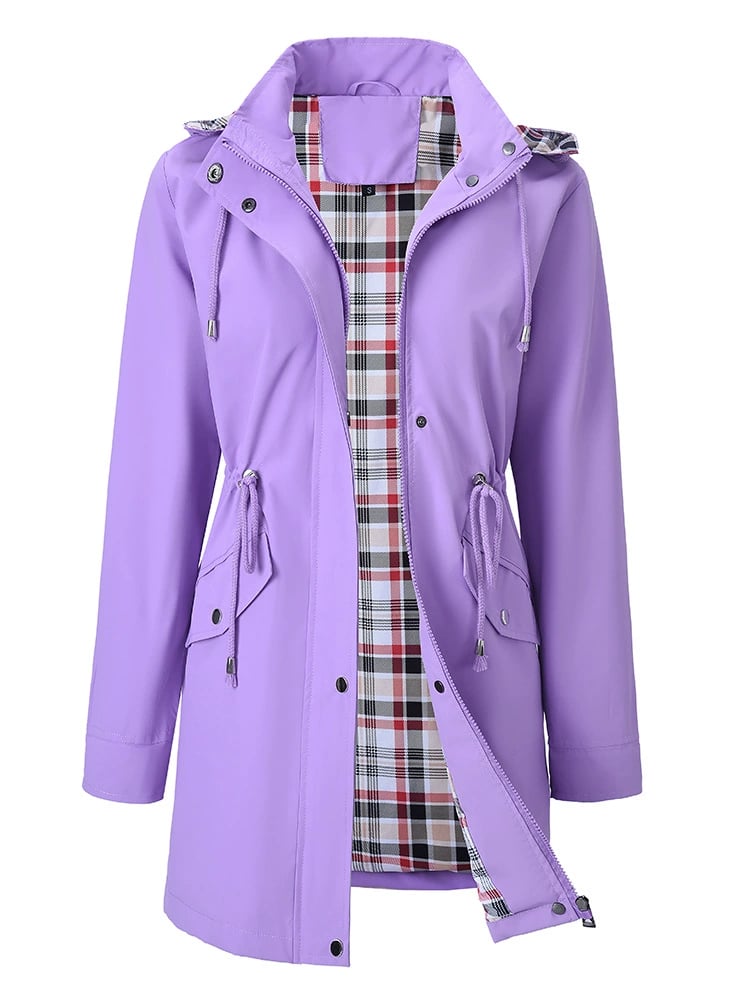 Women’s 3-in-1 jacket in lavender, hooded outer layer with plaid inner lining.