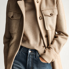 Khaki short wool-blend coat with stand collar, epaulets, and flap chest pockets