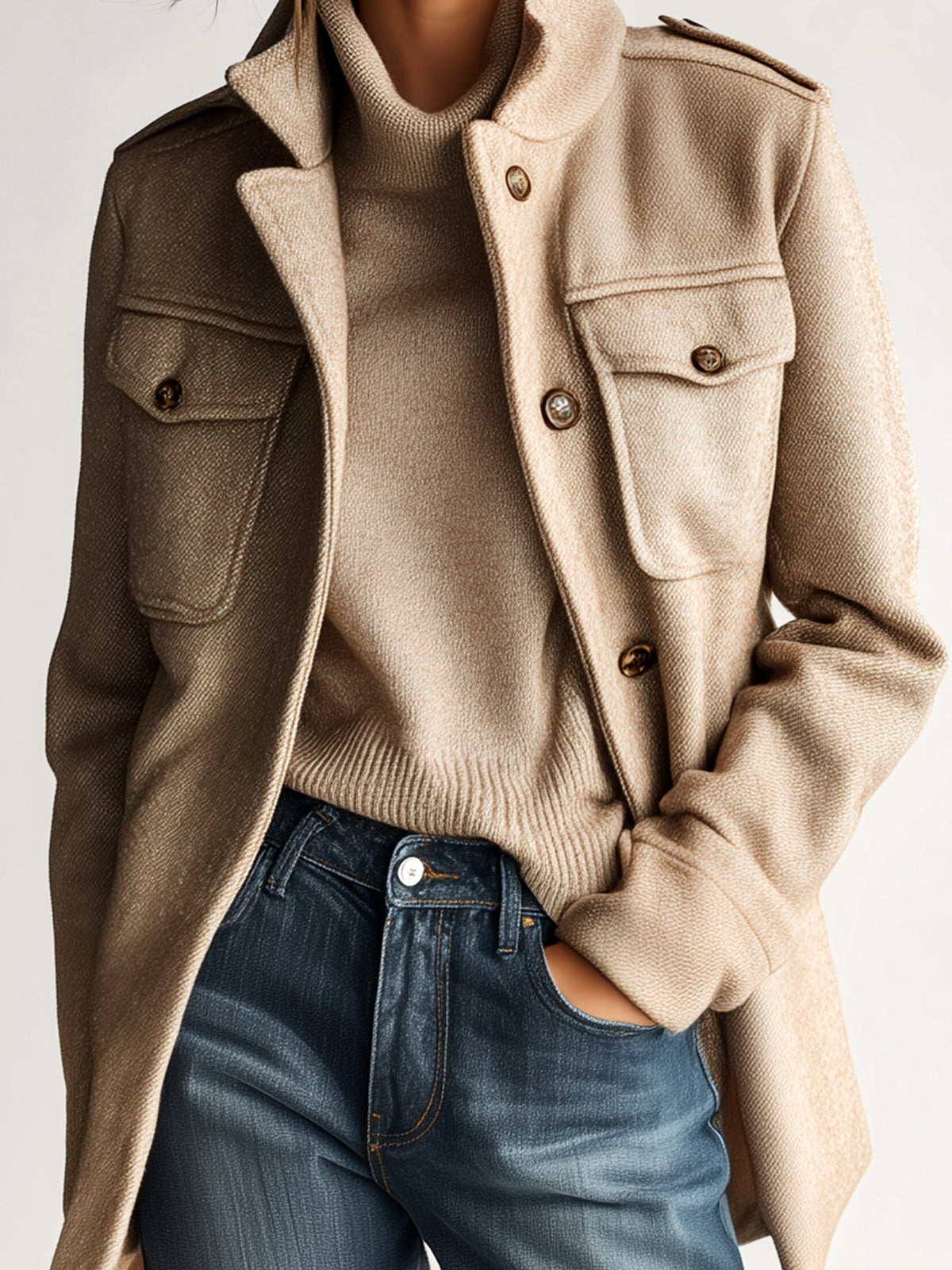 Khaki short wool-blend coat with stand collar, epaulets, and flap chest pockets