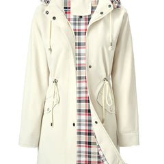 Women’s 3-in-1 jacket in off-white, hooded outer layer with plaid inner lining.