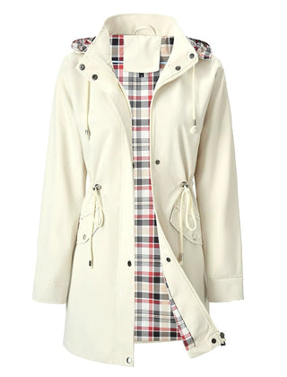 Women’s 3-in-1 jacket in off-white, hooded outer layer with plaid inner lining.