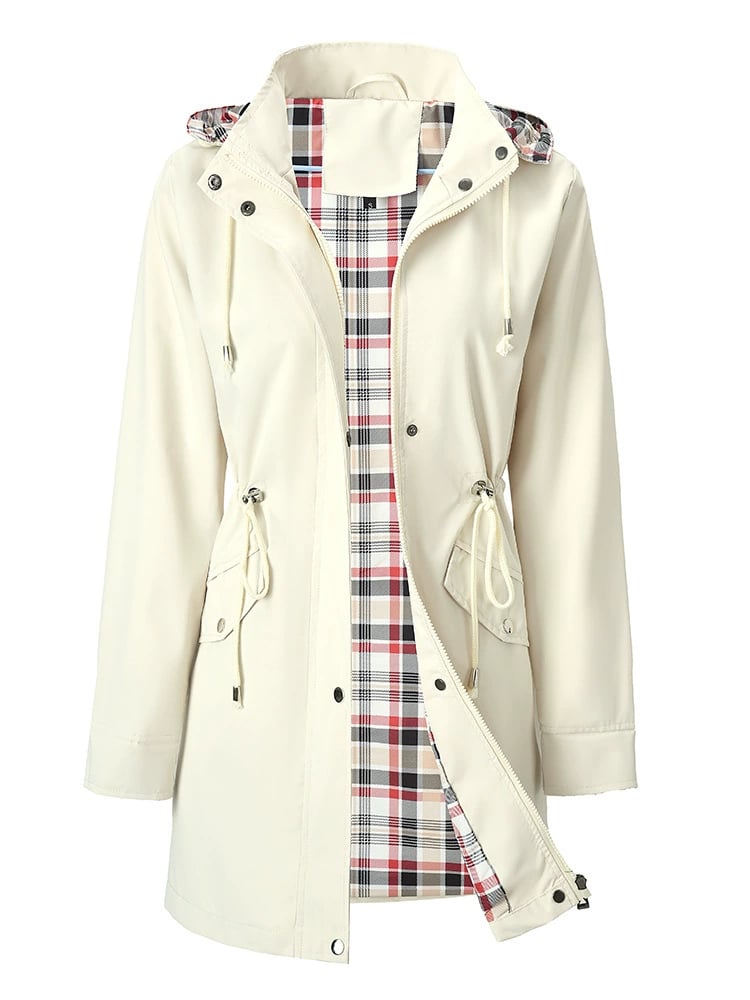 Women’s 3-in-1 jacket in off-white, hooded outer layer with plaid inner lining.