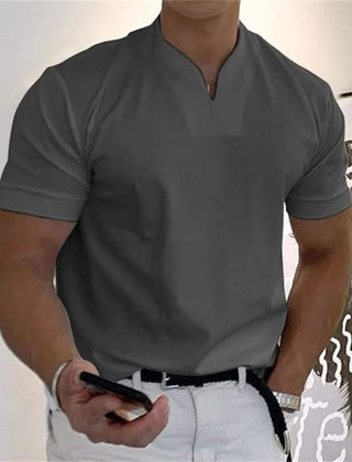 Men's short-sleeve V-neck fitness tee in dark grey, with front button placket
