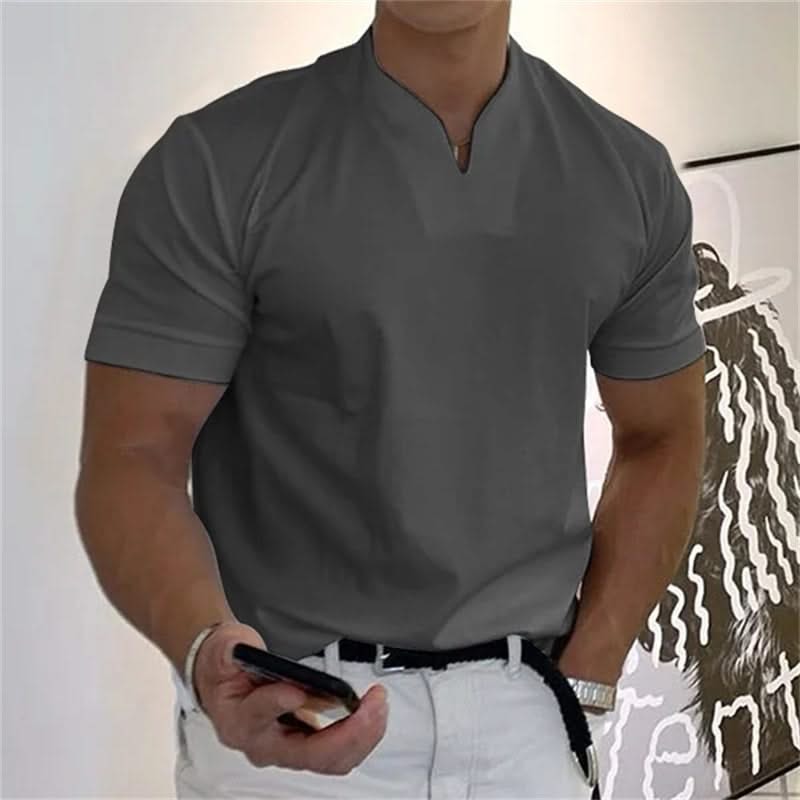 Men's short-sleeve V-neck fitness tee in dark grey, with front button placket