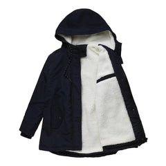 Thick winter coat with hood, dark blue outer shell, sherpa-lined front with zipper