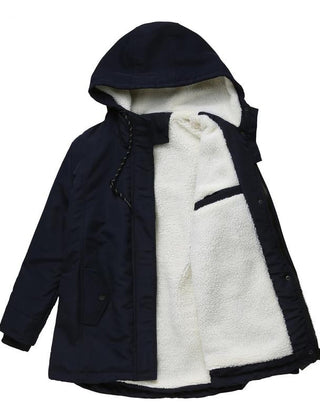 Thick winter coat with hood, dark blue outer shell, sherpa-lined front with zipper