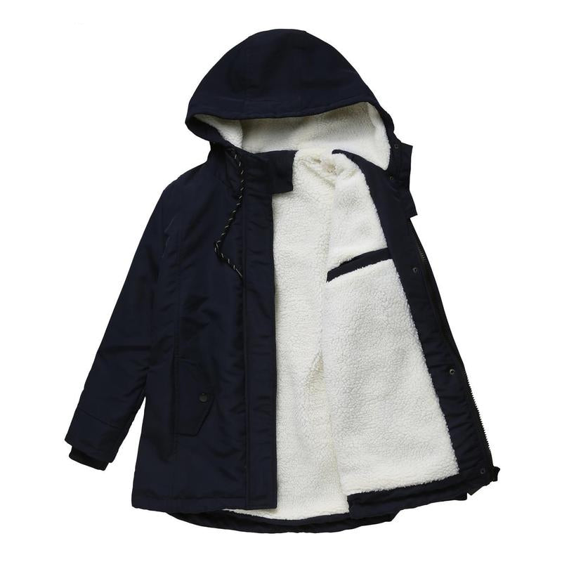 Thick winter coat with hood, dark blue outer shell, sherpa-lined front with zipper
