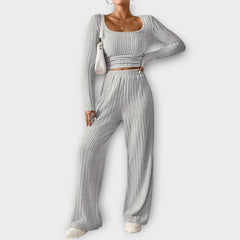 Grey ribbed square-neck long-sleeve crop top and wide-leg pants set