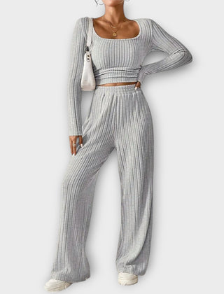 Grey ribbed square-neck long-sleeve crop top and wide-leg pants set