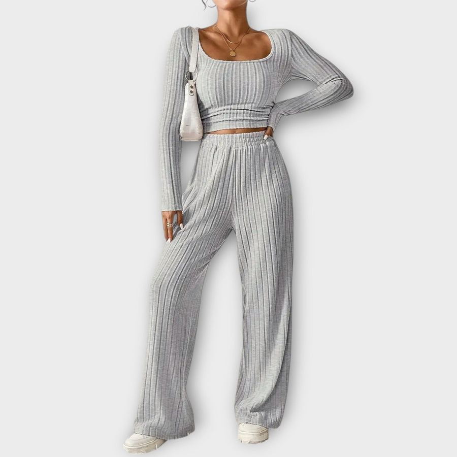 Grey ribbed square-neck long-sleeve crop top and wide-leg pants set