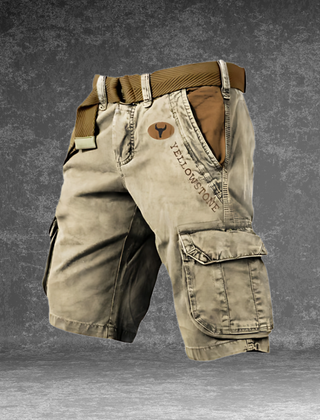 DUNMERE utility shorts in khaki with cargo side pockets and logo patch