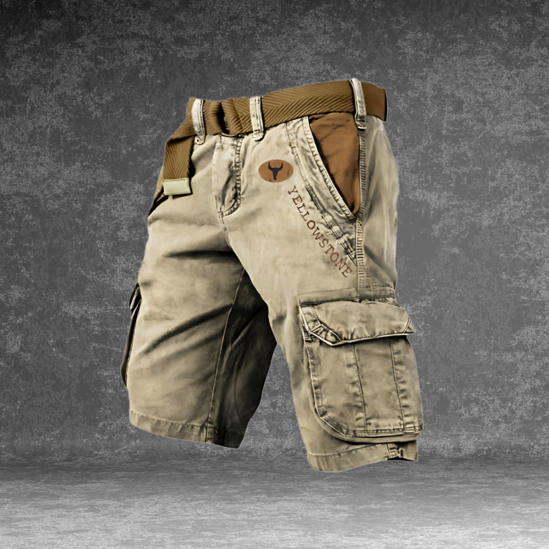 DUNMERE utility shorts in khaki with cargo side pockets and logo patch