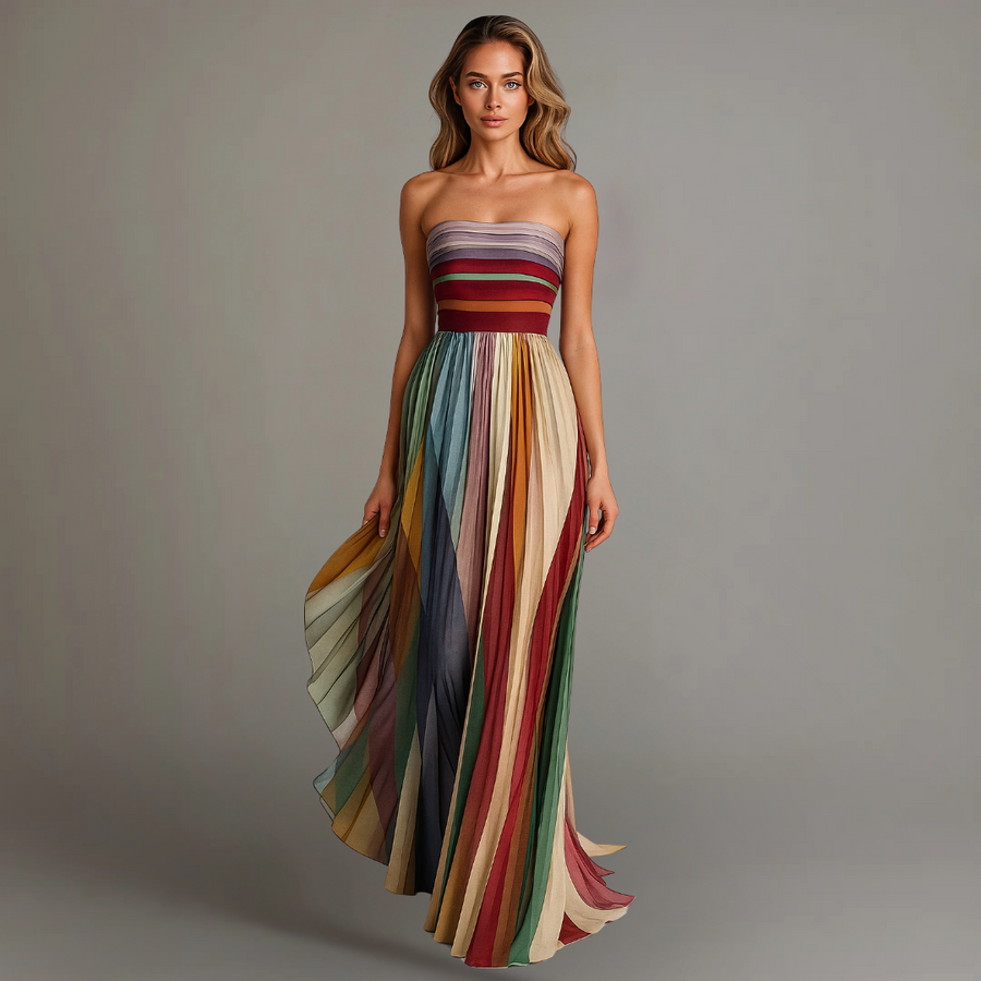 Striped strapless maxi dress with pleated multicolor skirt and fitted banded top