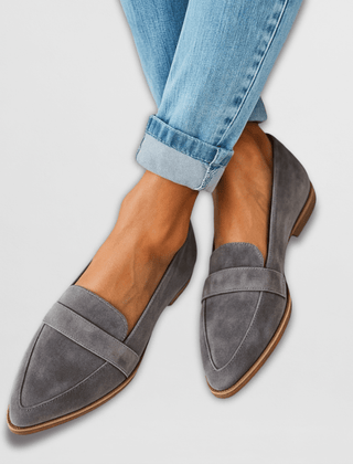Soft suede loafers, gray slip-on style with side seam and rounded toe