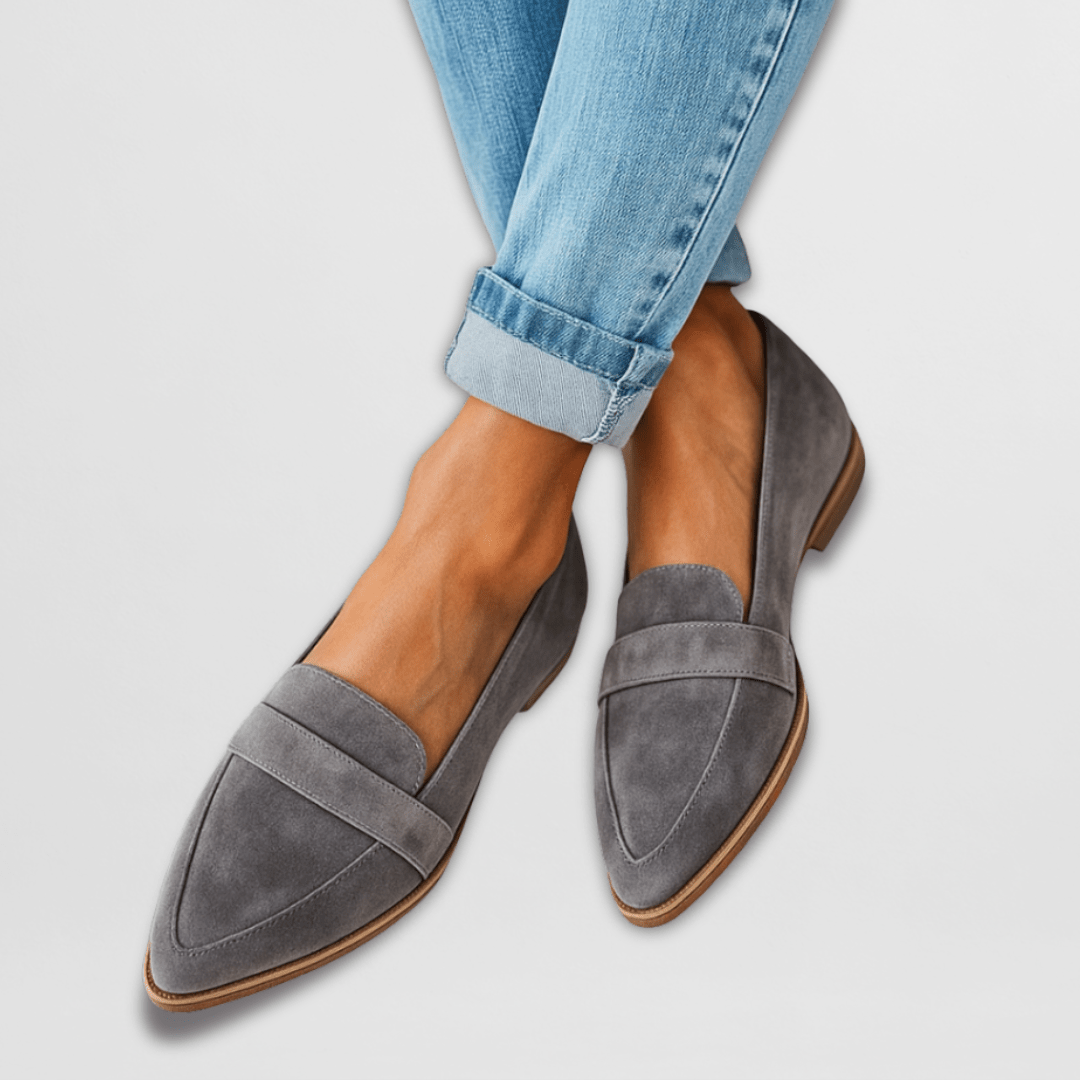Soft suede loafers, gray slip-on style with side seam and rounded toe