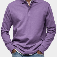 Men's long-sleeve polo shirt in purple, button placket and ribbed cuffs