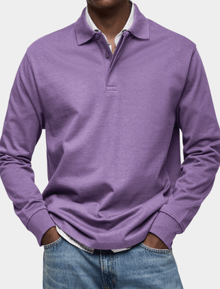 Men's long-sleeve polo shirt in purple, button placket and ribbed cuffs