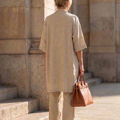 3-piece set with short-sleeve long tunic and wide-leg pants, light beige color.