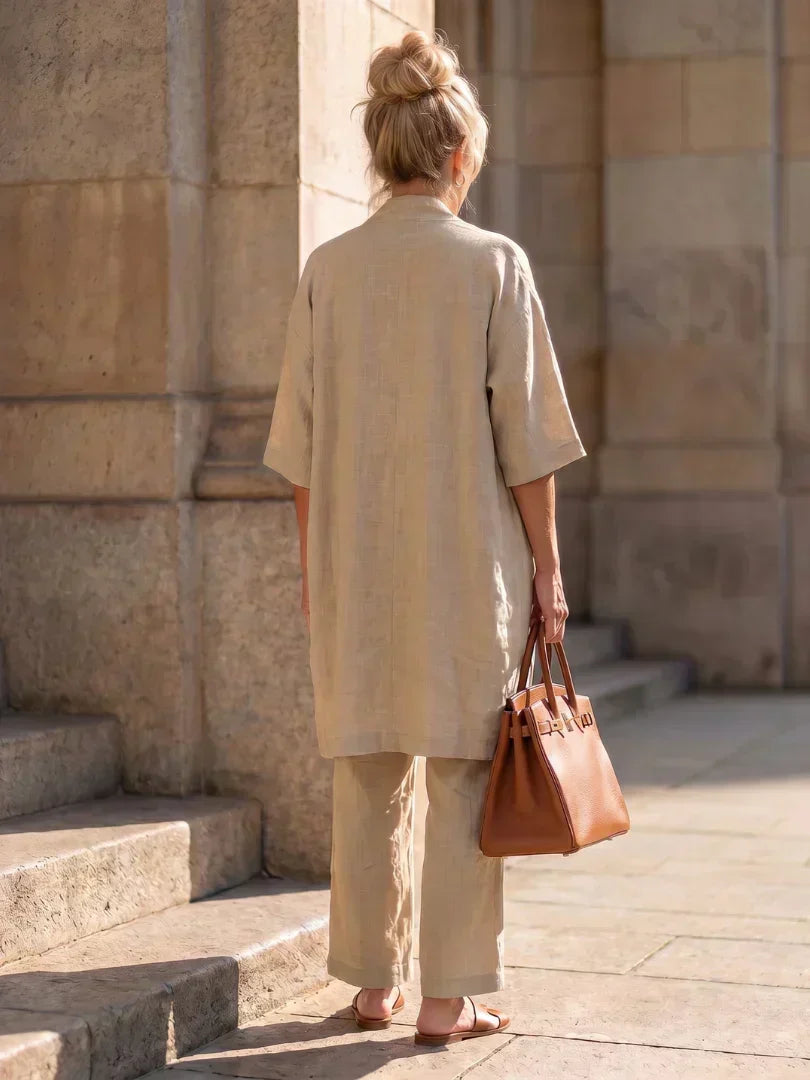 3-piece set with short-sleeve long tunic and wide-leg pants, light beige color.