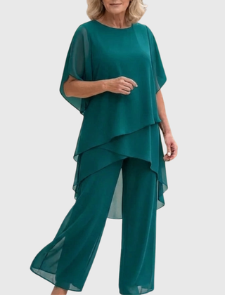 Elara elegant palazzo set in teal: flowy cape-sleeve blouse and wide-leg pants