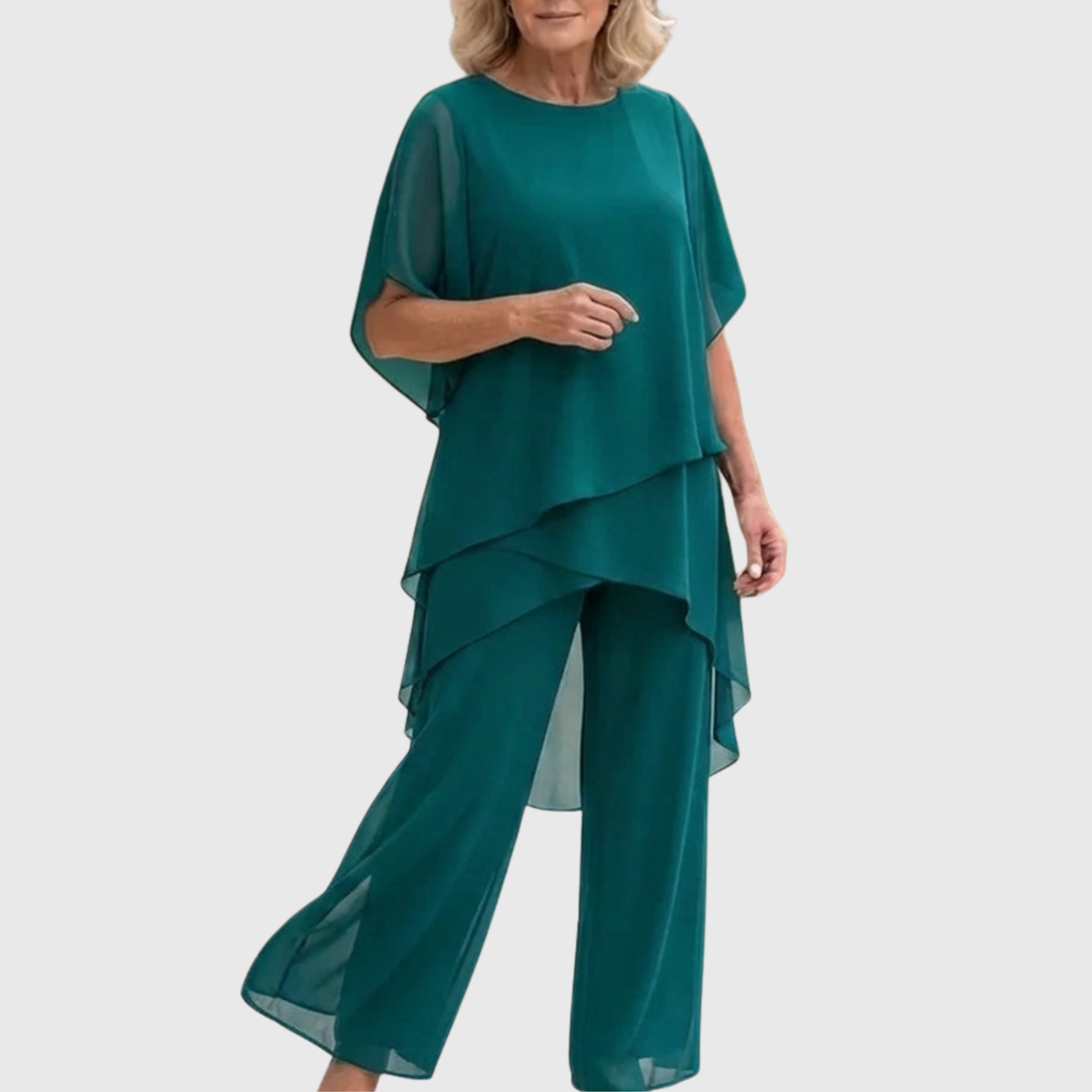 Elara elegant palazzo set in teal: flowy cape-sleeve blouse and wide-leg pants