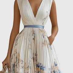 Cream pleated maxi dress with V-neck wrap bodice and blue floral skirt, sleeveless.