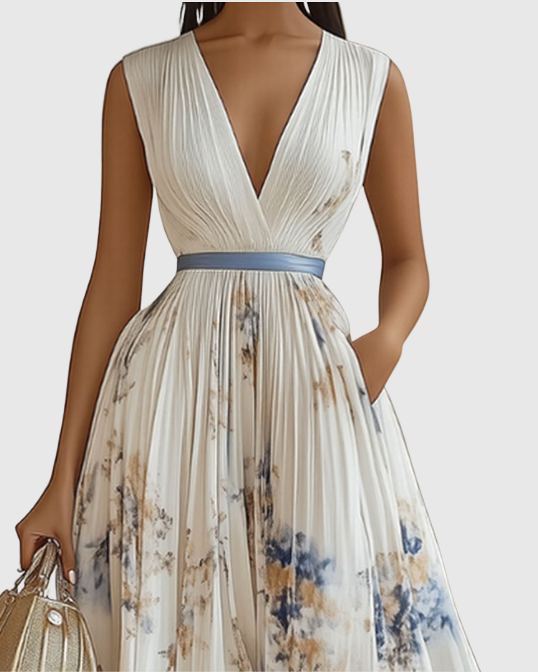 Cream pleated maxi dress with V-neck wrap bodice and blue floral skirt, sleeveless.