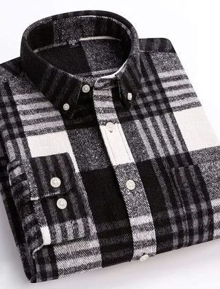 Cotton flannel plaid shirt folded view, dark gray and white checks, button front.