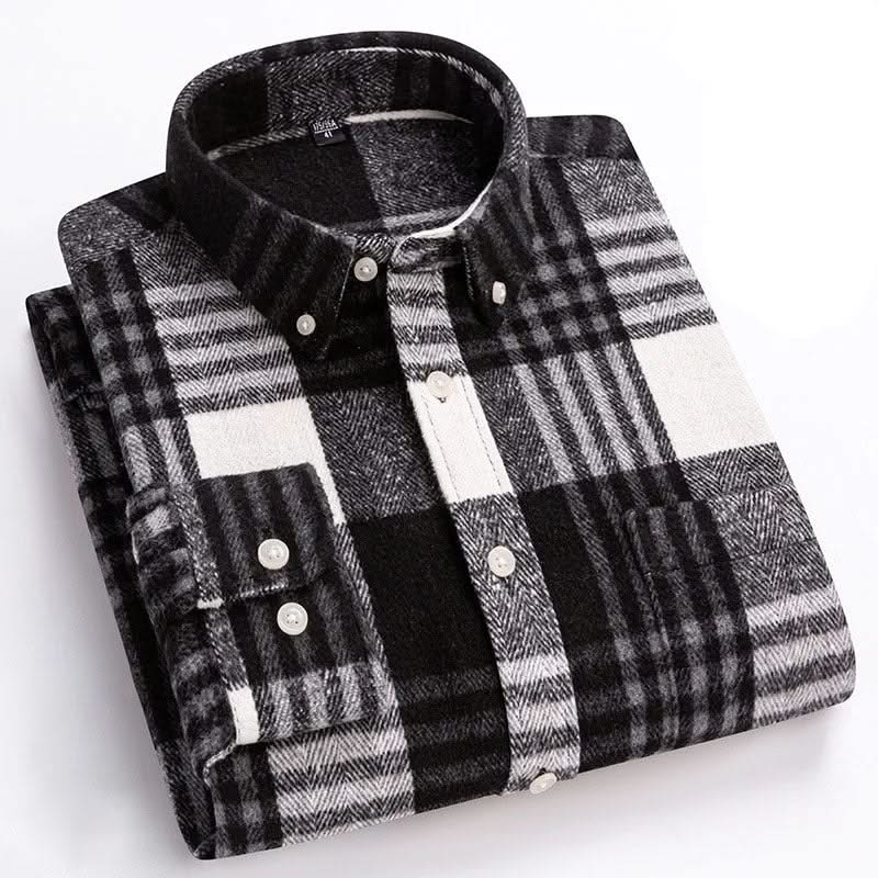 Cotton flannel plaid shirt folded view, dark gray and white checks, button front.