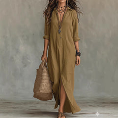 Khaki button-front maxi dress with V-neck, three-quarter sleeves, and side slit