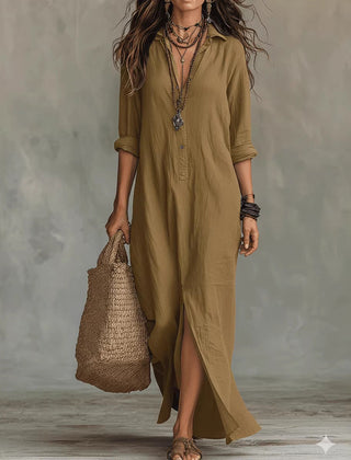 Khaki button-front maxi dress with V-neck, three-quarter sleeves, and side slit