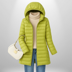 Lime green hooded ultralight puffer down jacket with full-length zip and long straight cut.