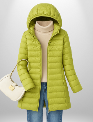 Lime green hooded ultralight puffer down jacket with full-length zip and long straight cut.