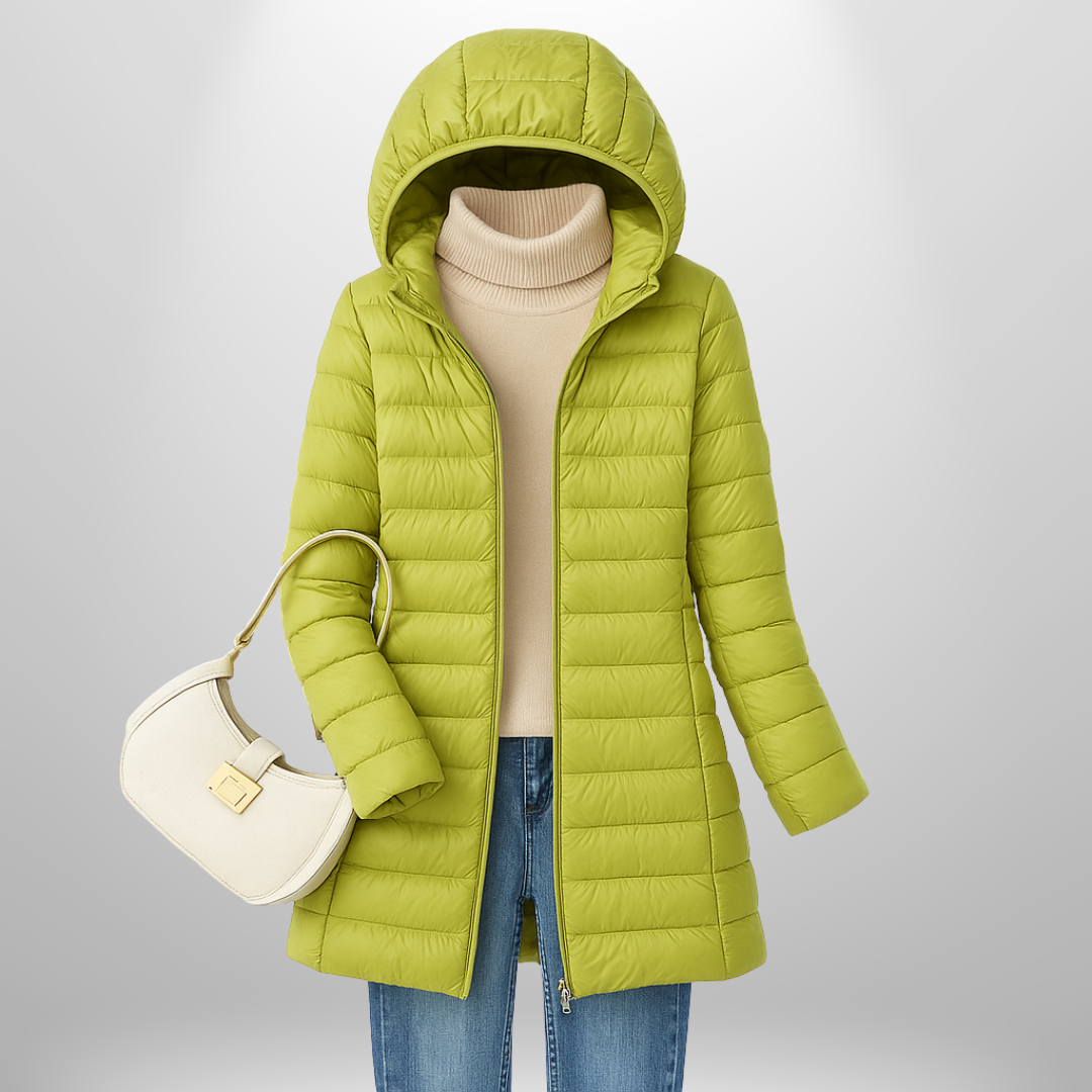Lime green hooded ultralight puffer down jacket with full-length zip and long straight cut.