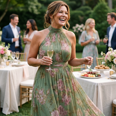 Floral gathered halter midi dress, green with pink flowers; sleeveless, gathered waist, midi.