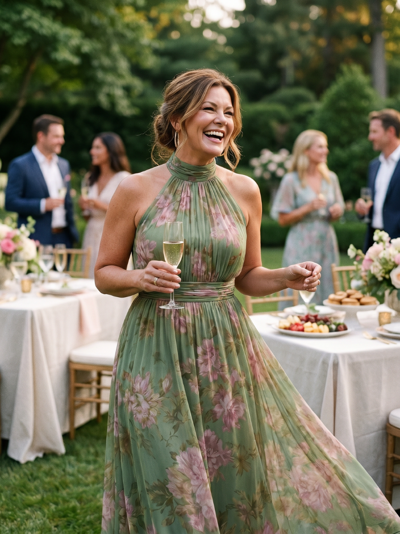 Floral gathered halter midi dress, green with pink flowers; sleeveless, gathered waist, midi.