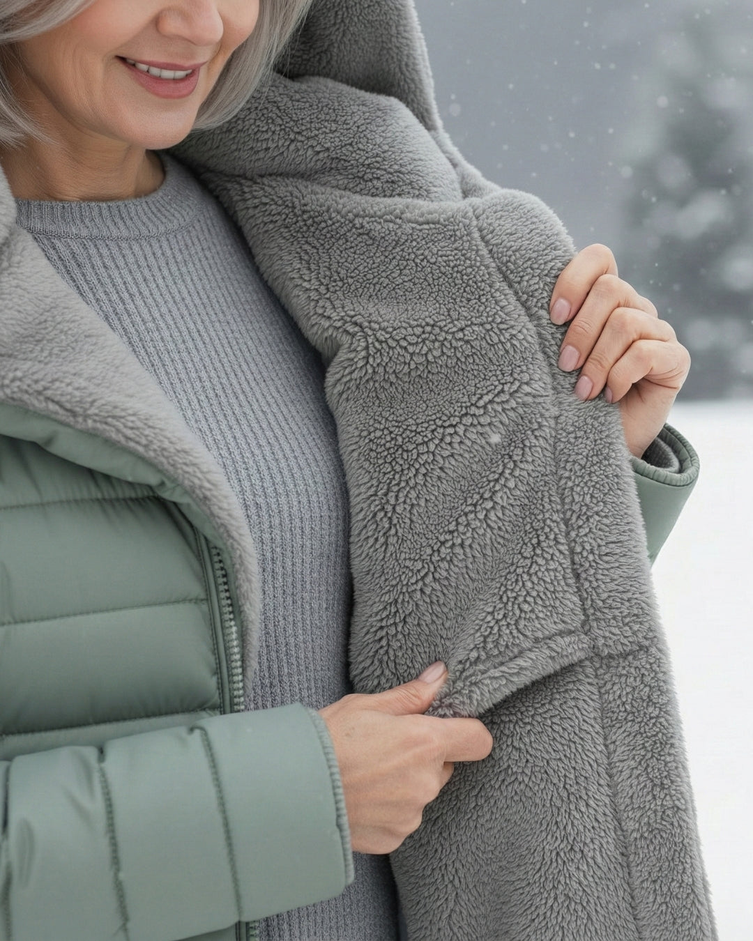Close-up of gray fleece lining inside a light green puffer coat